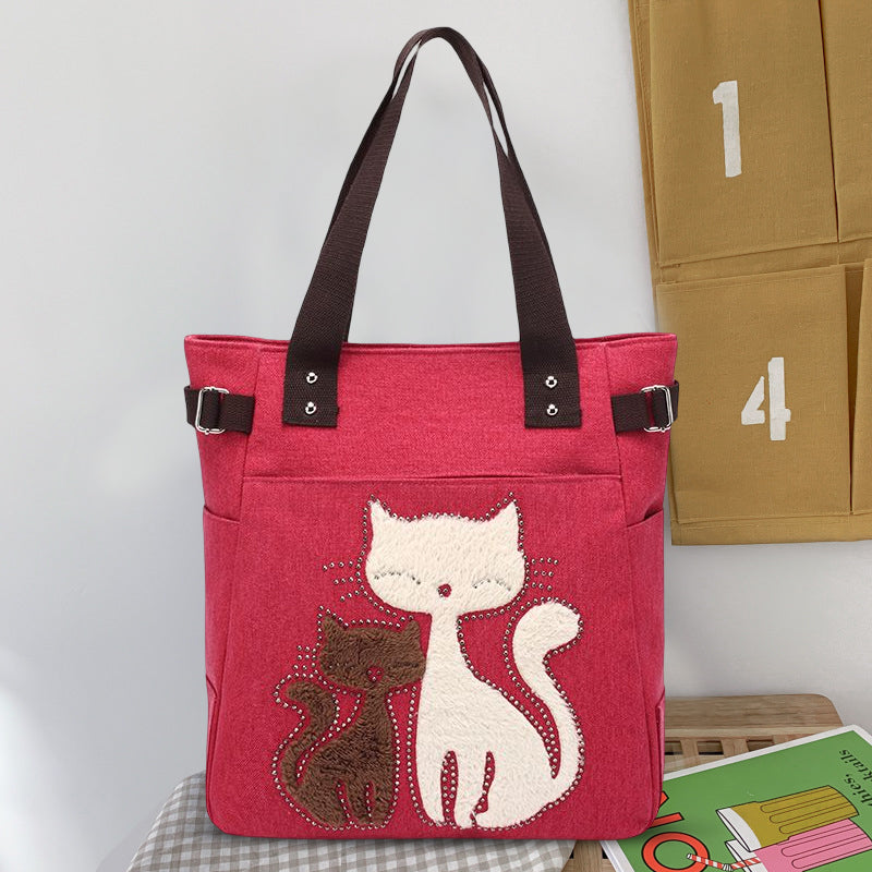 Large Capacity Cat Printing Canvas Shoulder Bag