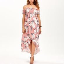 Load image into Gallery viewer, Off Shoulder Shirred Slit Floral Maxi Dress