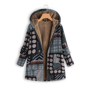 Dotted coat with hood and patchwork pattern