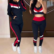 Load image into Gallery viewer, Colorblock Crop Top &amp; High Waist Pants &amp; Hooded Coat Set