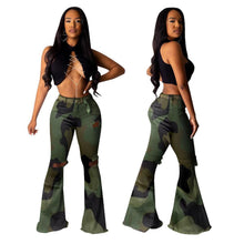 Load image into Gallery viewer, Camouflage Print Hole Flared Pants