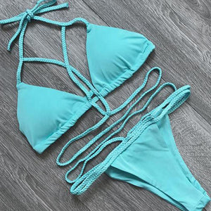 Solid Color Lace-Up Swimsuit