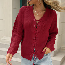 Load image into Gallery viewer, Solid V-Neck Cutout Lace-Up Knit Sweater