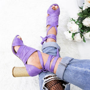 Casual Solid Color Lace Up High Heel Sandals