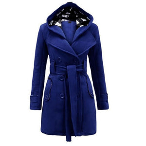 Women Double Breasted Slim Hoodie Solid Casual Long Pea Coat with Belt
