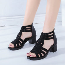 Load image into Gallery viewer, Rhinestone Cutout High Heel Zip Back Sandals